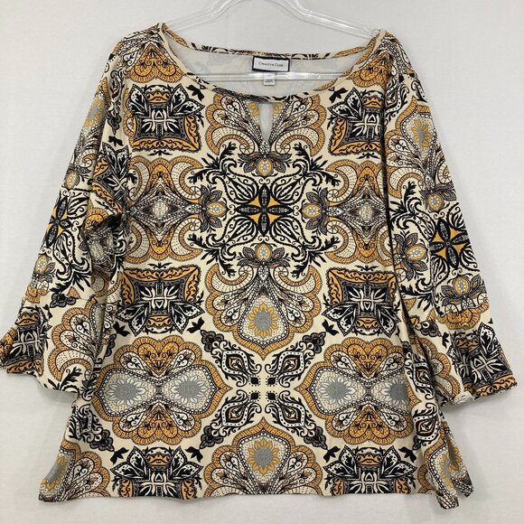 Charter Club size XL Yellow Black Abstract Stretch Knit 3/4 Sleeve Blouse Office - Picture 1 of 11